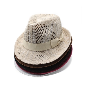 Stacked hollow knit jazz hats in five colors with bow ribbons and beach sun protection
