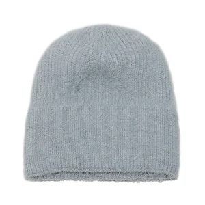 Detail showing plush mohair texture and soft grey-blue knit on this winter warm beanie