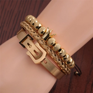 Crown Charm Beaded Bracelet And Twisted Open Bangle And Mesh Texture Wristband Stainless Steel Copper Fashion Men Jewelry