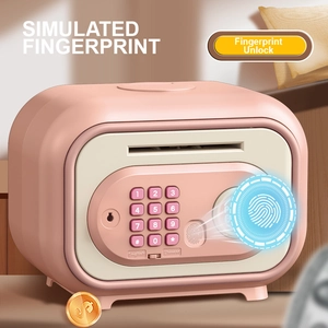 Pink and beige electronic piggy bank with simulated fingerprint and password keypad for kids