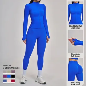 Eng anliegendes Yoga-Set mit Stehkragenjacke und Daumenlochärmeln in kräftigem Kobaltblau