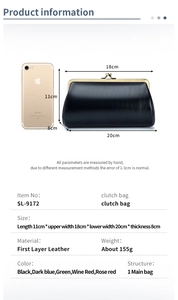 Detailed dimension chart for genuine leather clutch bag with gold-tone hardware and size specs