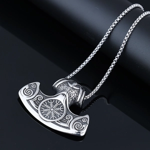 Viking Thor hammer pendant necklace in antique silver steel with Vegvisir compass detail