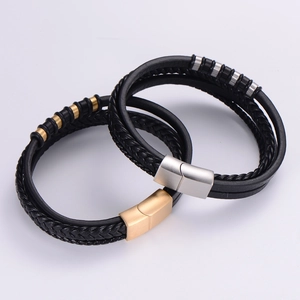 Multi-layer woven leather bracelet with stainless steel magnetic clasps in gold and silver