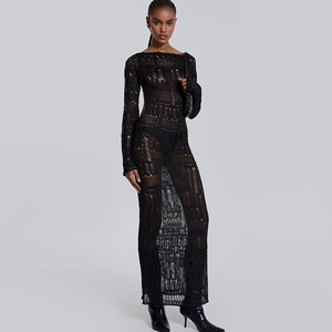 Detail of long sleeve black hollow-out crochet knit dress with textured fabric detail