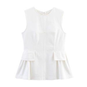 Detail view of a white sleeveless round neck top with peplum hem and two front pockets