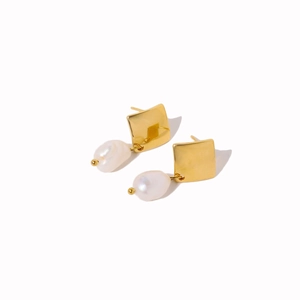 Elegant gold square stud earrings with white baroque pearl pendants on white background