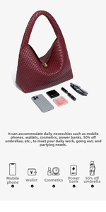 Detail view of burgundy woven leather hobo bag showing large capacity for daily essentials