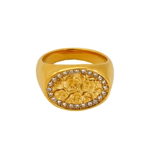 Vintage ovaler Siegelring aus Gold-Edelstahl mit Blumenrelief und Zirkon-Details