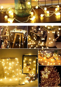 Detail of warm white LED globe string lights in various indoor decoration settings