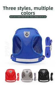 Detail of breathable mesh dog harness with reflective strips in four colors