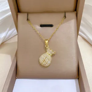 Collier Pendentif Sac D'argent Chanceux Chaîne En Acier Titane Cuivre Micro Incrusté Zircone Signe Dollar Élégant Ton Or Femmes