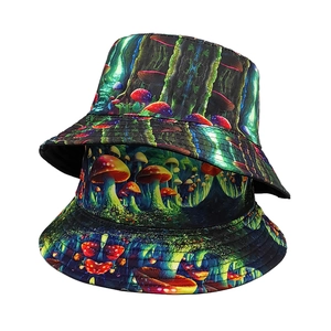 Double-sided bucket hat with vibrant psychedelic mushroom print and wide brim for sun protection