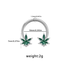 Detail view of 2g silver horseshoe ring with green maple leaf ends and size dimensions