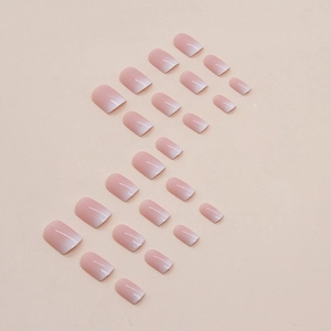 Short square press-on nails with soft pink and white gradient glossy finish, 24 pieces set