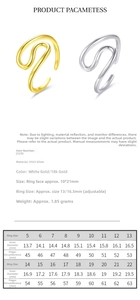 Size chart for 925 sterling silver geometric wavy ring with adjustable opening details