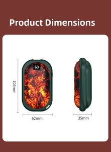 Detailed product size showing green digital hand warmer dimensions 105mm by 62mm