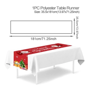 Detailed size chart for Christmas table runner featuring Santa, snowman, and elk designs