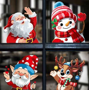 Detailed view of cartoon Santa, snowman and reindeer Christmas window static stickers