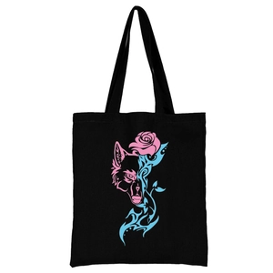 Schwarze Canvas-Tragetasche mit pinkem Wolf- und Rosen-Totem-Druck für Damen