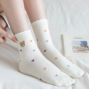 White cotton mid-calf socks with cute bear embroidery and colorful heart patterns