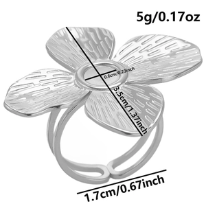 Dimensions détaillées de la bague fleur en acier inoxydable avec poids et tailles