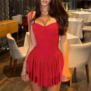 Robe Courte Sexy À Bretelles Spaghetti Col En V À Volants Dos Nu Polyester Élasthanne Pour Fête