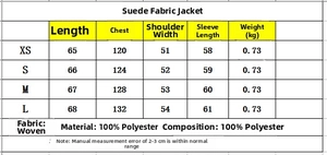 Size guide table for women's faux suede bomber jacket with detailed measurements