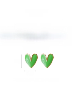 Detail of green enamel heart earrings with gold trim and silver needles, 1.8cm height