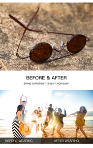 Detail view of round punk sunglasses showing lens tint effect before and after on a beach
