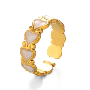 Minimalist gold stainless steel open ring with white enamel heart patterns