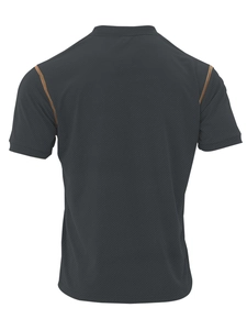 Detail of grey men's polo shirt back view with orange piping and mesh fabric texture