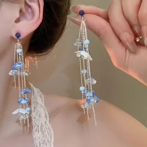 Long Tassel Flower Earrings Acrylic White Blossom Glass Beads Copper Chain With Silver Earring Post Bohemian Style For Women