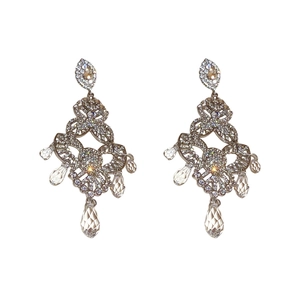 Vintage silver chandelier earrings with flower crystal droplets and rhinestones
