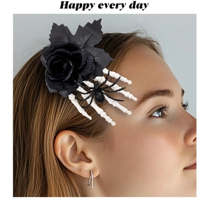 Halloween side hair clip with black rose, skeleton hand and spider on blonde hair