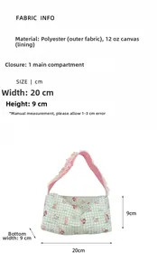 Close-up of green checkered canvas tote bag with rabbit bear prints and pink lace handle