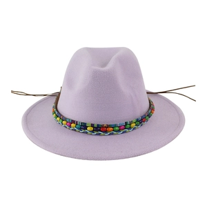 Lavender wide brim wool felt fedora hat with Bohemian beaded band and colorful trim