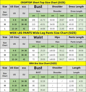 Detailed size chart for crop top, bra, and wide leg pants set with CM and inch measurements