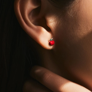 Charmante S925 Silber Rote Apfel Ohrstecker mit grünem Blatt am Ohr des weiblichen Modells