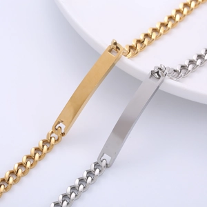 Gold and silver stainless steel blank bar bracelets with sleek cuban chain links