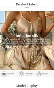 Detailed close-up of champagne floral faux silk pajamas with functional icons and text