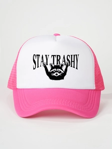 Detailed close-up of pink and white trucker hat featuring a Stay Trashy raccoon print