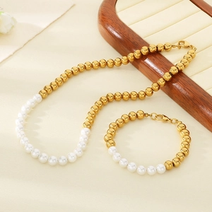 Parure élégante en acier inoxydable doré 18K avec perles de 6mm et billes dorées