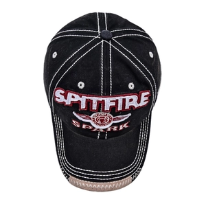 Close-up of black cotton baseball cap featuring red Spark embroidery and white stitching