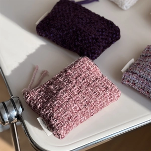 Purple tweed woven mini pouch for earphones and lipstick storage with simple wish label