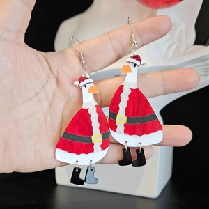 Cute cartoon Christmas duck acrylic earrings with Santa hat and red festive outfits