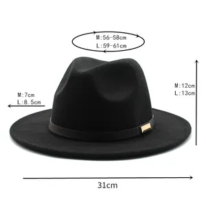 Detailed measurement chart for wool fedora hat showing head size, brim width, and crown height