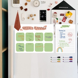 Magnetic dry erase weekly planner and to-do list set with six colorful markers on fridge