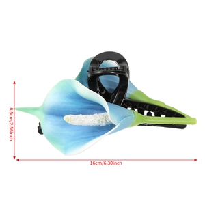 Blue calla lily hair claw clip with measurements 16cm by 6.5cm on white background