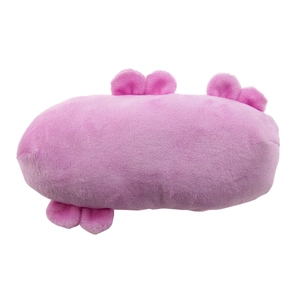 Detail view of pink long dinosaur plush toy with soft short velvet material on white background